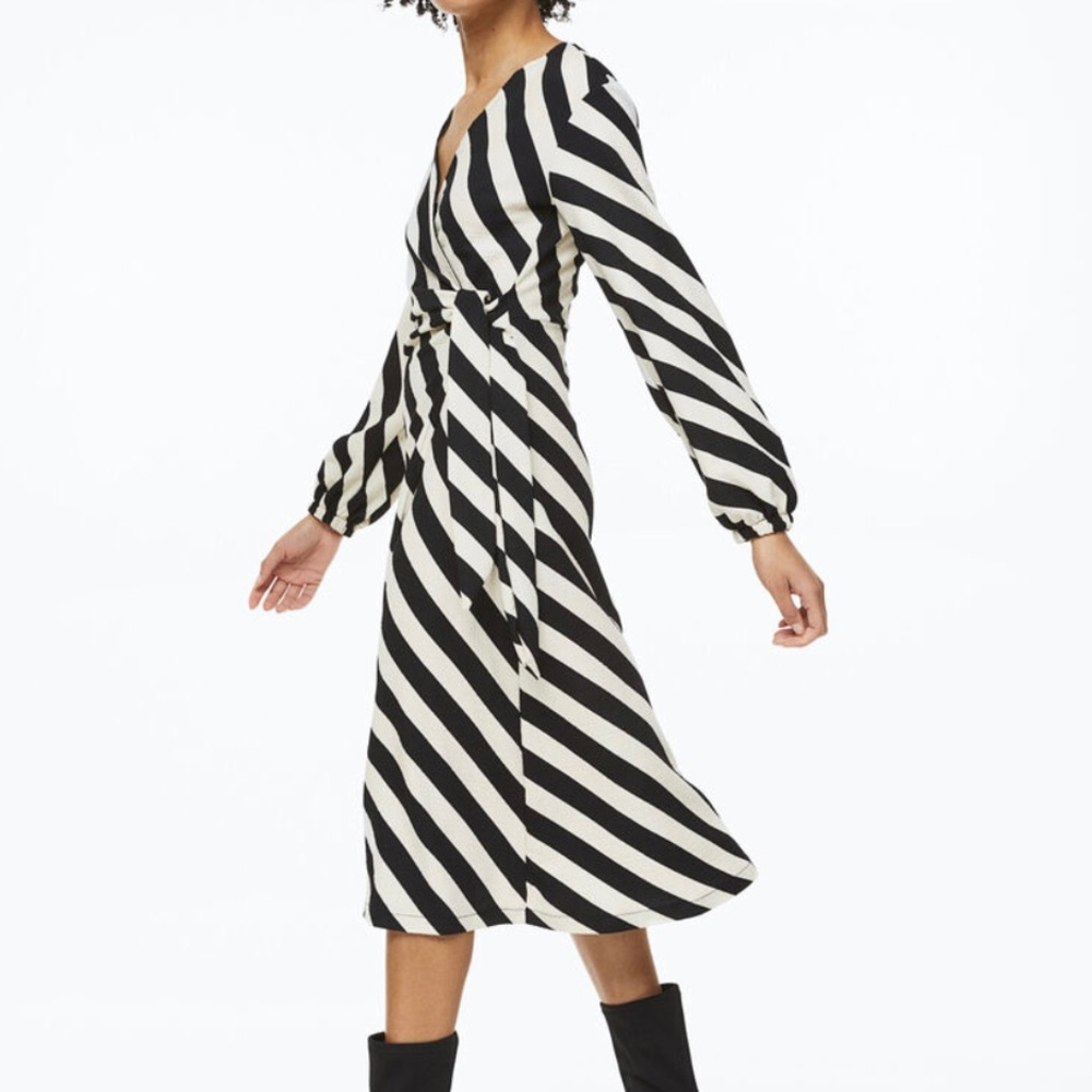 H & M striped balloon sleeve wrap dress calf length